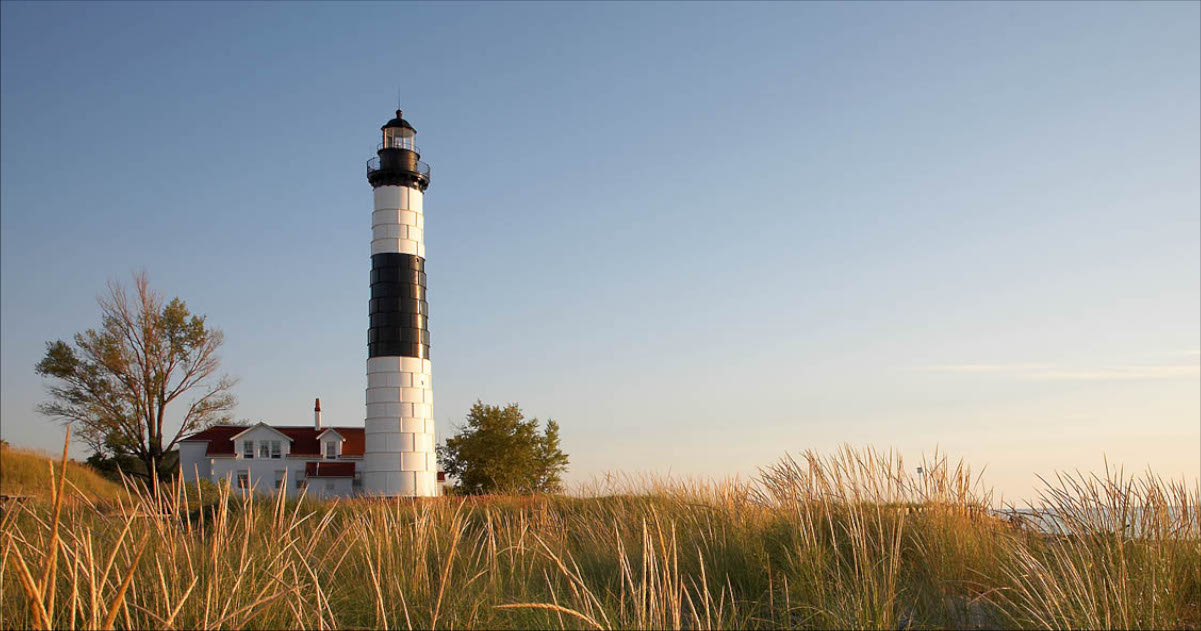 black and white lighthouse in Luddington State Park