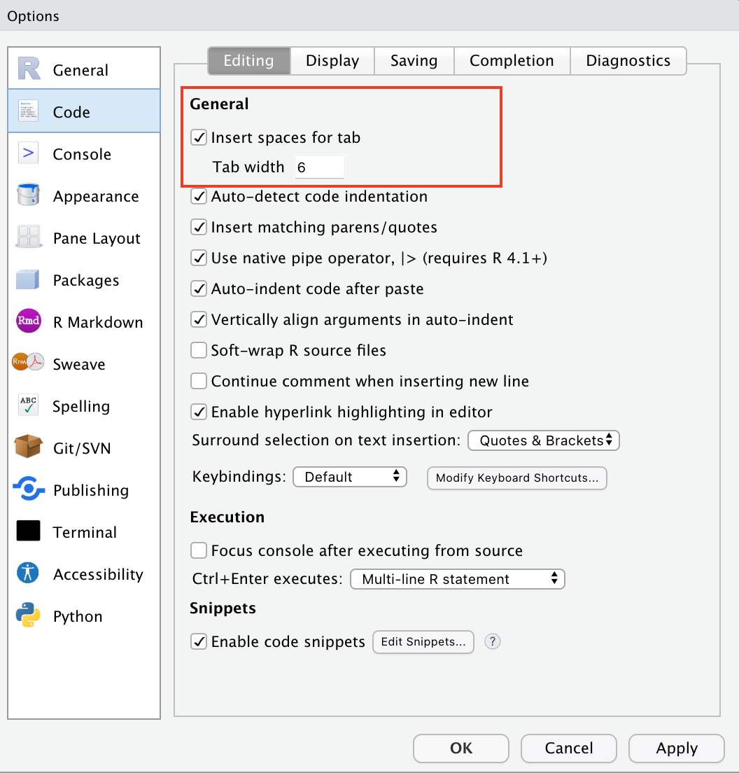 Indentation set to 6 spaces.  Note that the "insert spaces for tab" is checked as recommended by the study above.