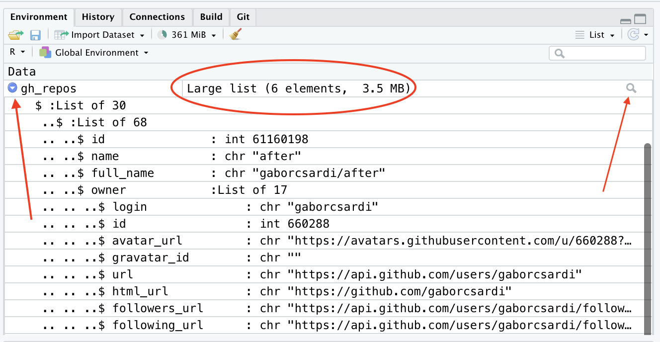 A large list. The red arrow on the left points to the blue drop-down to see the list. The red arrow on the right shows the magnifying glass to inspect the list.