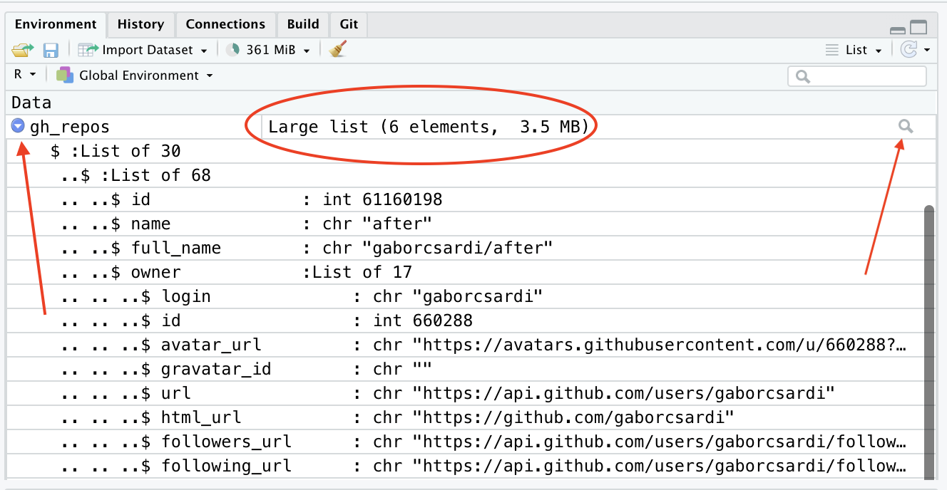 A large list.  The red arrow on the left points to the blue drop-down to see the list.  The red arrow on the right shows the magnifying glass to inspect the list.